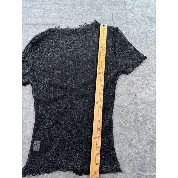 Sheer Black Mesh Large‎ Short Sleeve Lettuce Trim Top with Metallic Sparkles - Picture 3 of 6